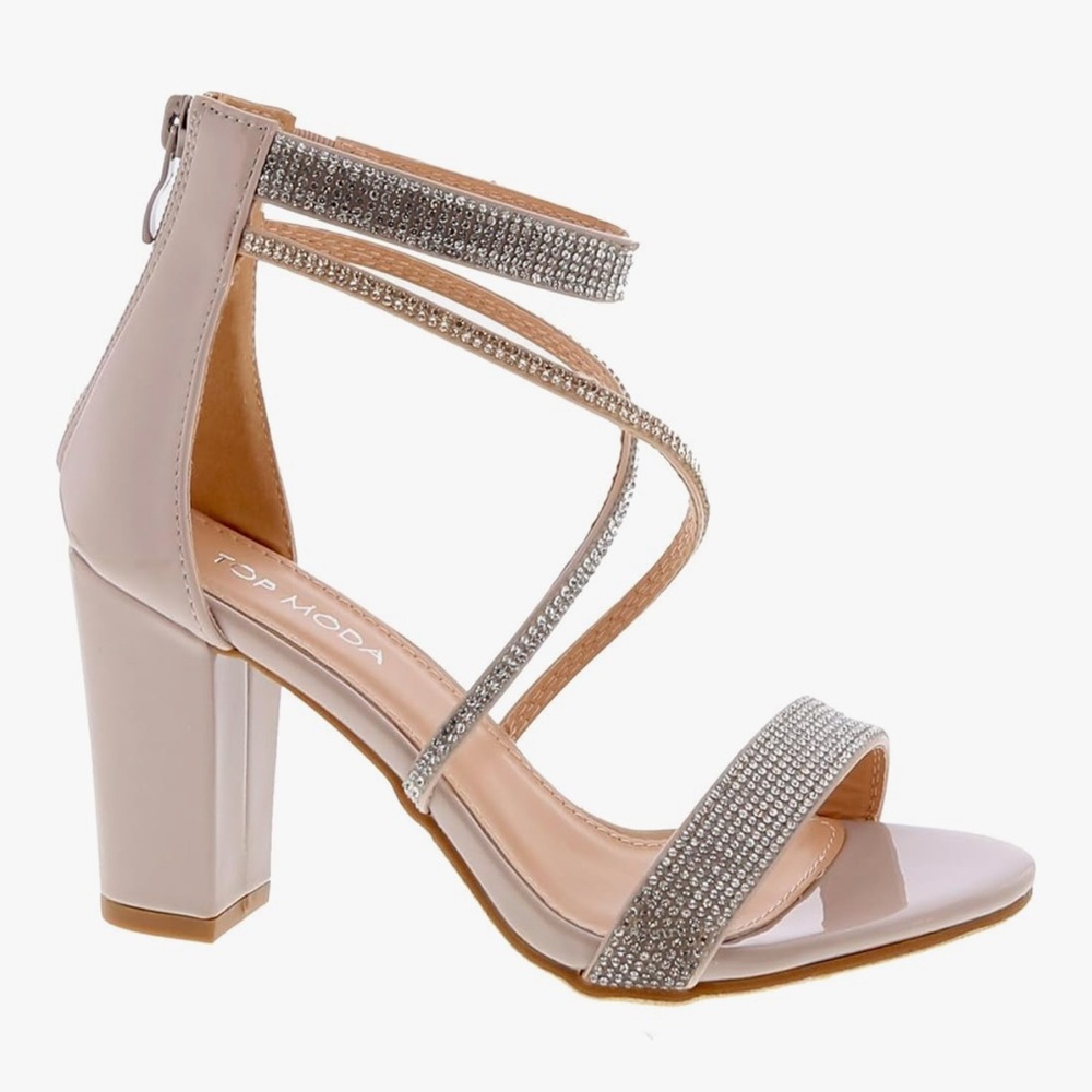TOP Moda Formal Rhinestone Chunky Block Heel Sandal Crisscross Strappy Nude, 8.5 - Picture 6 of 9